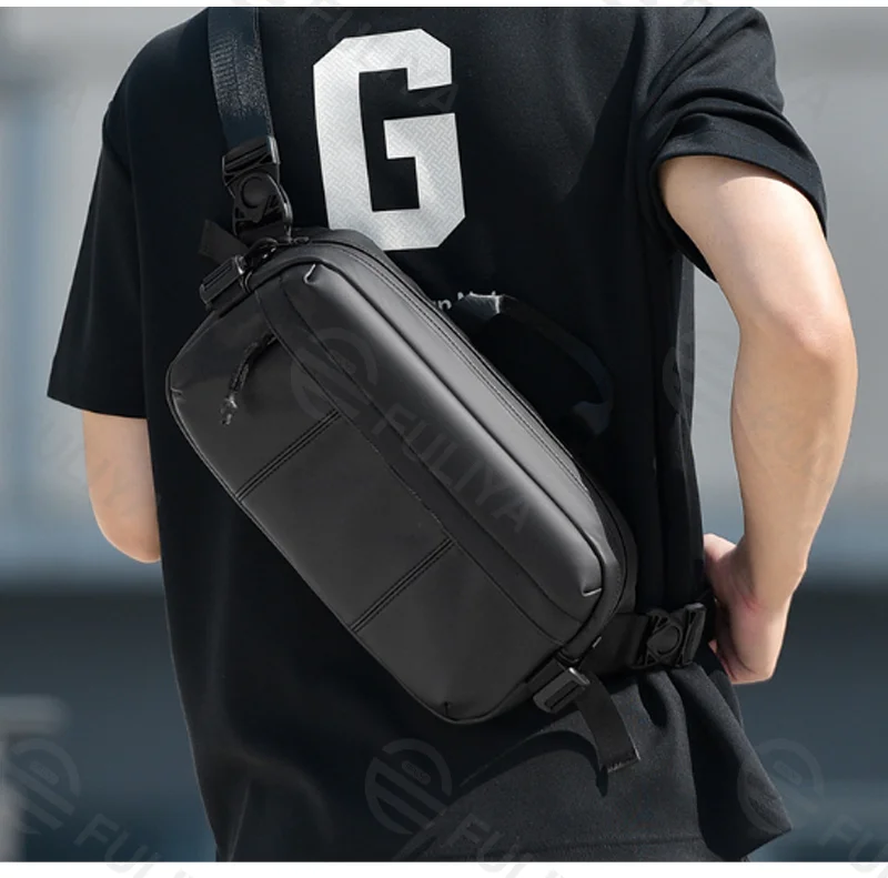Guangzhou Fuliya Industry Co.,Ltd C-81207 Lightweight waterproof men's crossbody bag, multi-compartment storage, swivel quick-release buckle, adjustable strap and comfortable handle - wear as chest or crossbody for commuting, cycling, and sports.