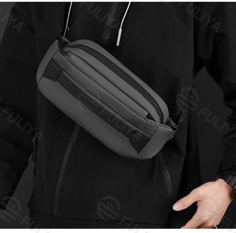 Guangzhou Fuliya Industry Co.,Ltd C-81209 Solid-color minimalist men's chest bag, large capacity, water-resistant and breathable, quick-release buckle and bottle pocket - for commuting, cycling, and casual use.