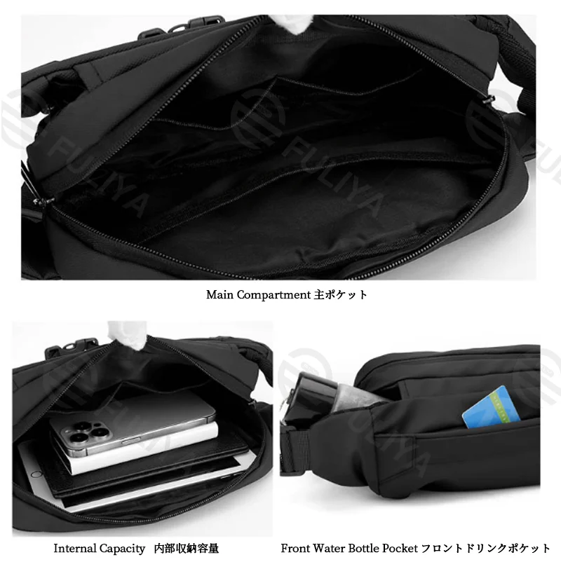 Guangzhou Fuliya Industry Co.,Ltd C-81209 Solid-color minimalist men's chest bag, large capacity, water-resistant and breathable, quick-release buckle and bottle pocket - for commuting, cycling, and casual use.