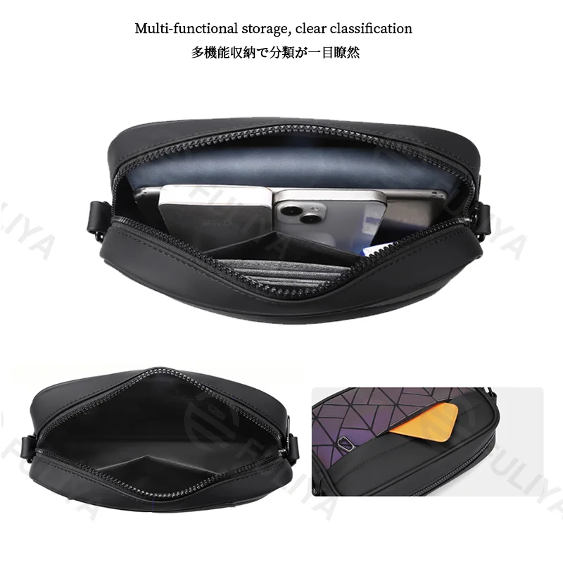 Guangzhou Fuliya Industry Co.,Ltd C-81210 Minimalist men's crossbody bag, diamond reflective front panel, magnetic flap closure, scratch-resistant fabric, multi-compartment storage, reinforced shoulder strap - for commuting and outings.