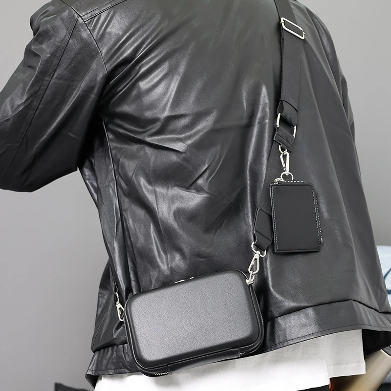 Guangzhou Fuliya Industry Co.,Ltd C-81212 Korean-style men's mini box bag, crossbody, smooth zipper, metal hardware, adjustable strap, and detachable pouch - for daily and casual use.