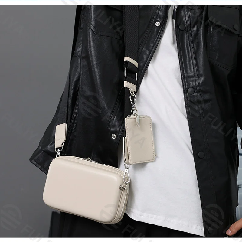 Guangzhou Fuliya Industry Co.,Ltd C-81212 Korean-style men's mini box bag, crossbody, smooth zipper, metal hardware, adjustable strap, and detachable pouch - for daily and casual use.