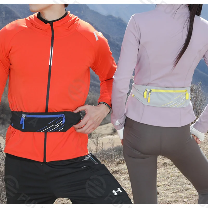 Guangzhou Fuliya Industry Co.,Ltd C-81215 Lightweight sports waist bag, adjustable elastic, water-resistant, multi-compartment, fits phone, reflective strip and race bib clips - for running, marathons, and fitness.