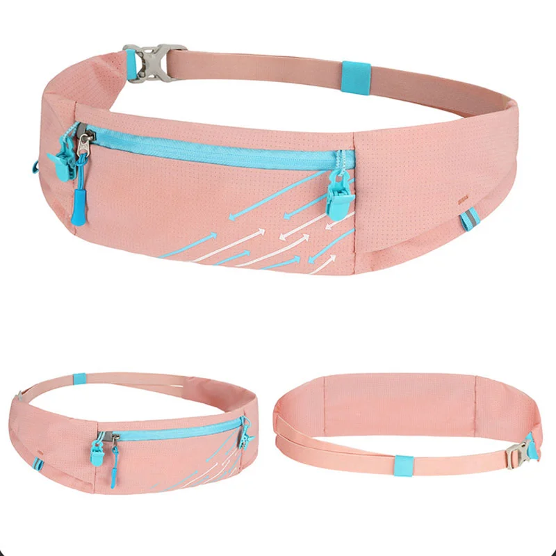 Guangzhou Fuliya Industry Co.,Ltd C-81215 Lightweight sports waist bag, adjustable elastic, water-resistant, multi-compartment, fits phone, reflective strip and race bib clips - for running, marathons, and fitness.