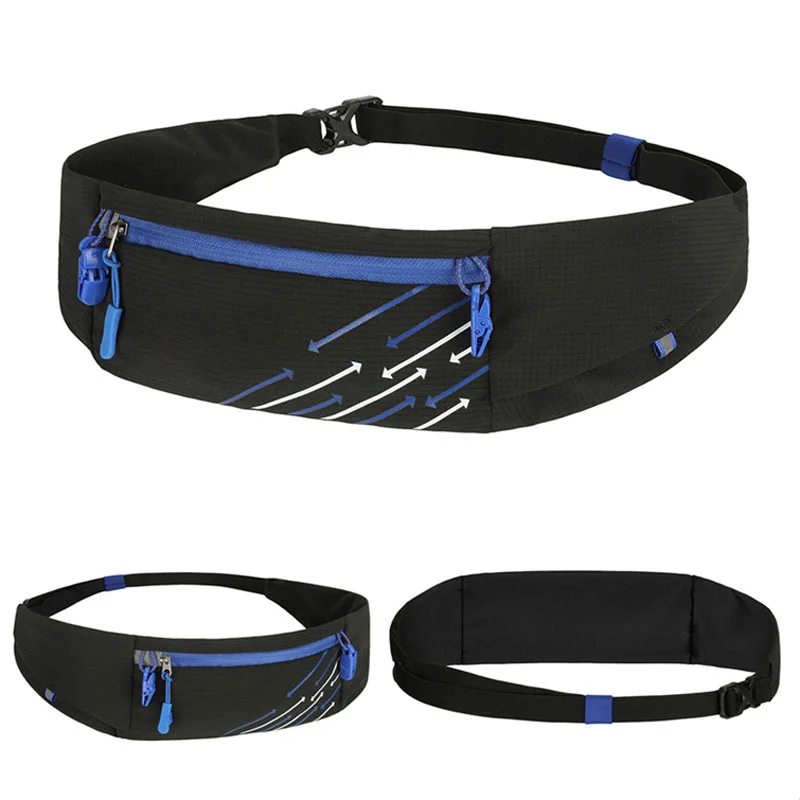 Guangzhou Fuliya Industry Co.,Ltd C-81215 Lightweight sports waist bag, adjustable elastic, water-resistant, multi-compartment, fits phone, reflective strip and race bib clips - for running, marathons, and fitness.