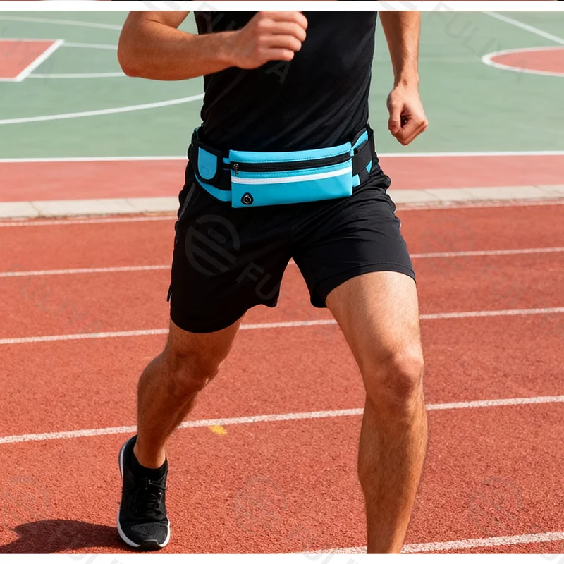 Guangzhou Fuliya Industry Co.,Ltd C-81216 Multi-functional sports waist bag, water-resistant fabric, spacious main pocket fits phone, reflective strip, earphone hole, side bottle pocket and key hook - for running, marathons, and cycling.