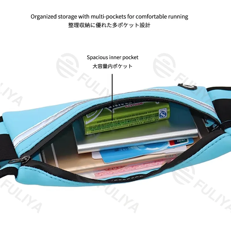 Guangzhou Fuliya Industry Co.,Ltd C-81216 Multi-functional sports waist bag, water-resistant fabric, spacious main pocket fits phone, reflective strip, earphone hole, side bottle pocket and key hook - for running, marathons, and cycling.