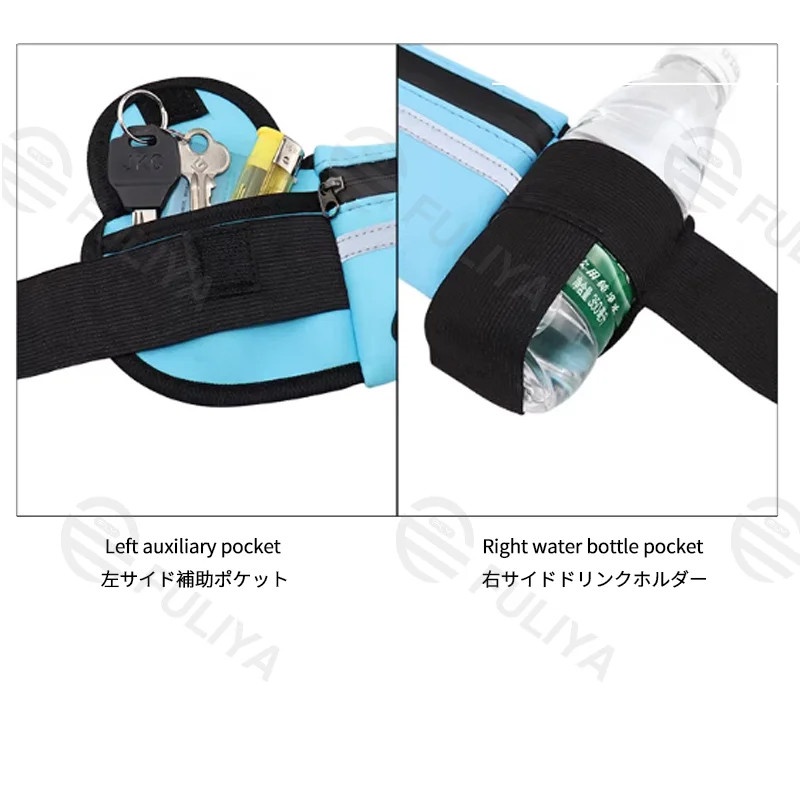 Guangzhou Fuliya Industry Co.,Ltd C-81216 Multi-functional sports waist bag, water-resistant fabric, spacious main pocket fits phone, reflective strip, earphone hole, side bottle pocket and key hook - for running, marathons, and cycling.