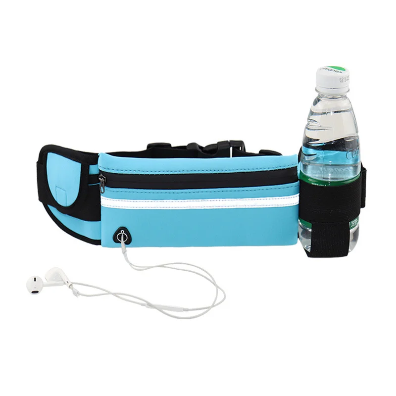 Guangzhou Fuliya Industry Co.,Ltd C-81216 Multi-functional sports waist bag, water-resistant fabric, spacious main pocket fits phone, reflective strip, earphone hole, side bottle pocket and key hook - for running, marathons, and cycling.