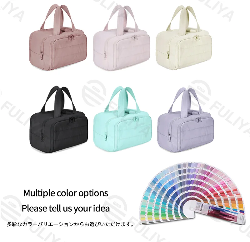 Guangzhou Fuliya Industry Co.,Ltd C-81218 Light luxury hand-carry makeup bag, wet/dry separation, multi-compartment, water-repellent nylon, elastic brush bands, luggage sleeve - for travel and daily use.
