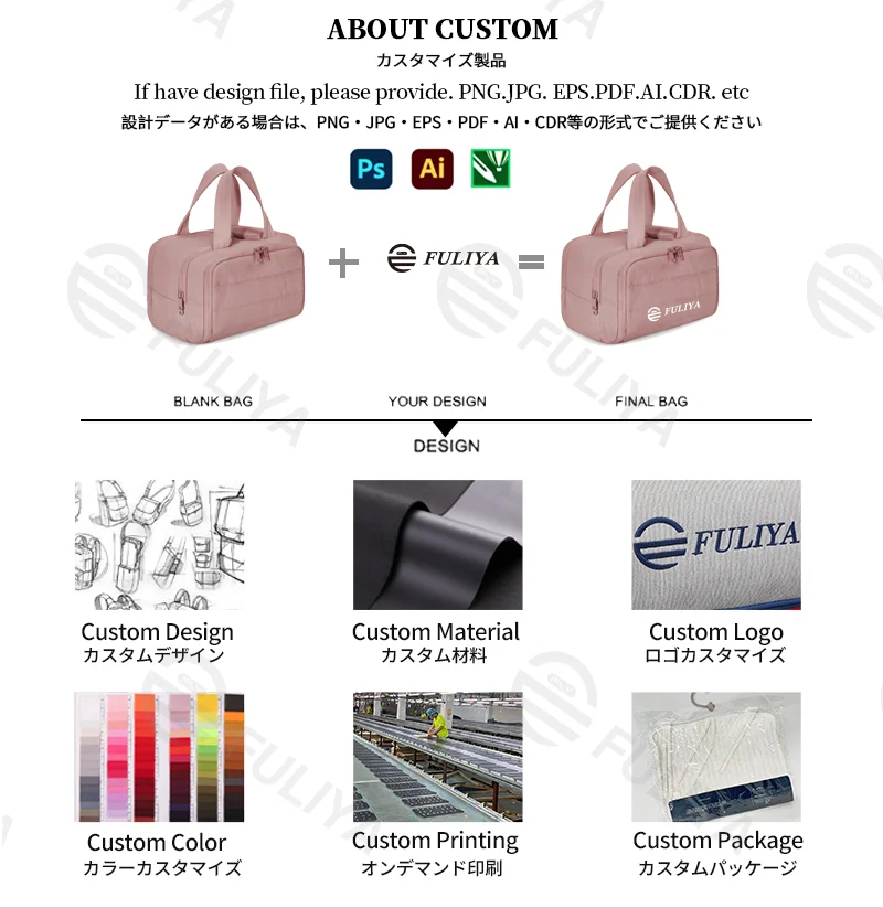 Guangzhou Fuliya Industry Co.,Ltd C-81218 Light luxury hand-carry makeup bag, wet/dry separation, multi-compartment, water-repellent nylon, elastic brush bands, luggage sleeve - for travel and daily use.