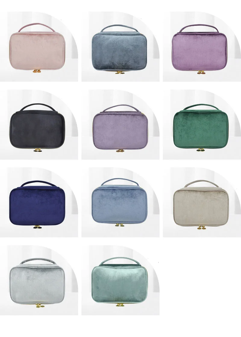 Guangzhou Fuliya Industry Co.,Ltd C-81220 Velvet makeup bag, large capacity with easy access, brush storage band, satin lining, smooth zipper, and comfortable handle - for travel and daily use.