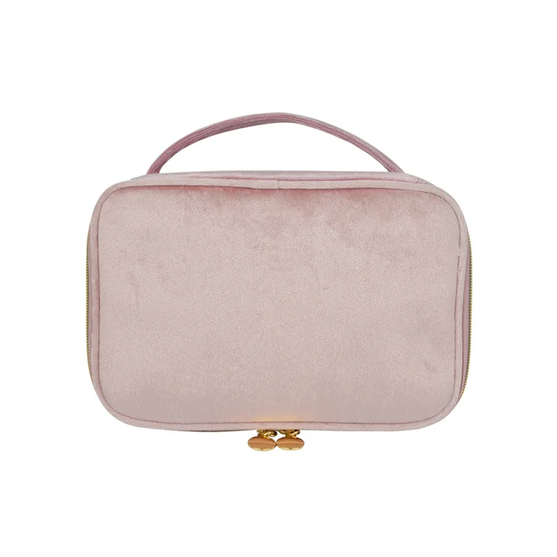 Guangzhou Fuliya Industry Co.,Ltd C-81220 Velvet makeup bag, large capacity with easy access, brush storage band, satin lining, smooth zipper, and comfortable handle - for travel and daily use.