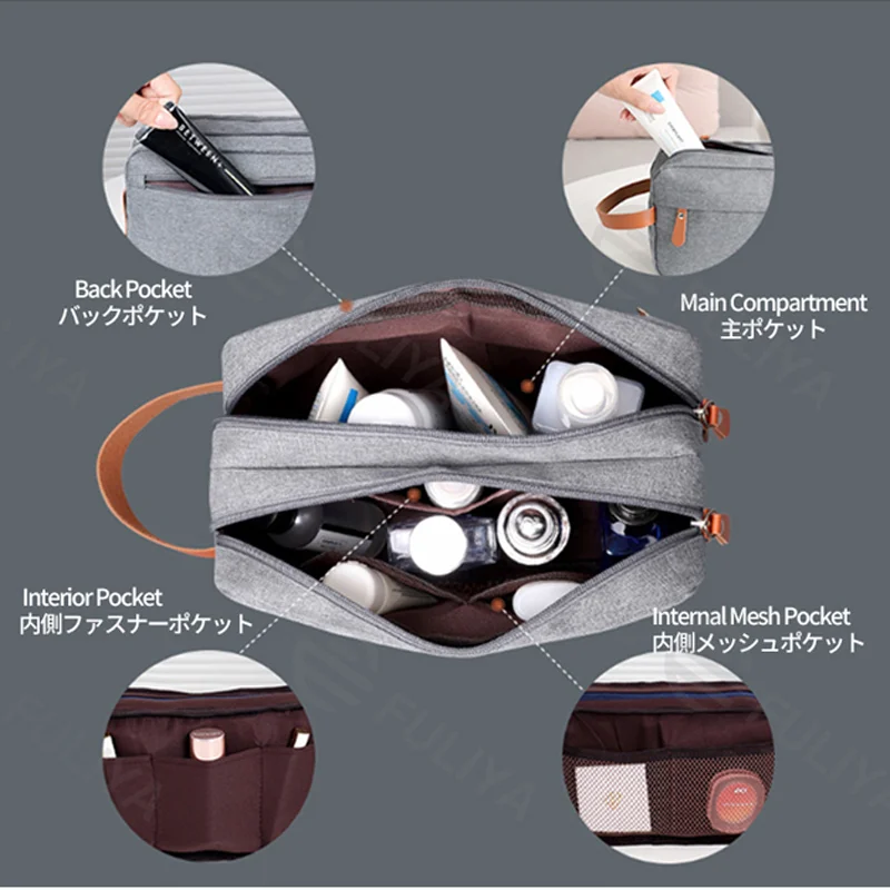 Guangzhou Fuliya Industry Co.,Ltd C-81222 Large-capacity toiletry bag, dual main compartments, leather handle, smooth zipper, and mesh pocket - carry or hang, for travel and daily use.