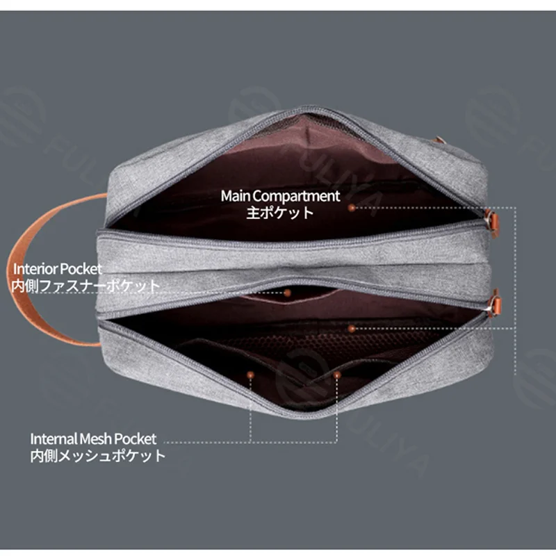 Guangzhou Fuliya Industry Co.,Ltd C-81222 Large-capacity toiletry bag, dual main compartments, leather handle, smooth zipper, and mesh pocket - carry or hang, for travel and daily use.