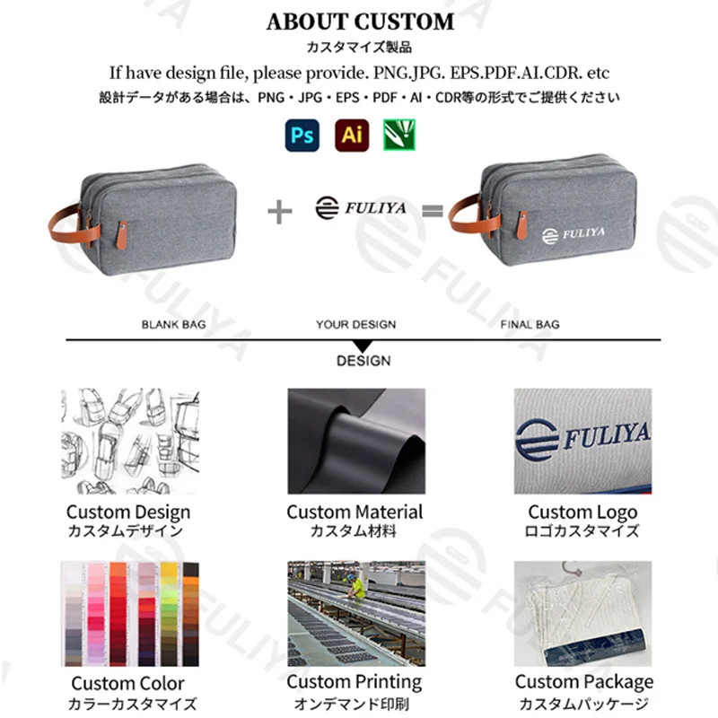 Guangzhou Fuliya Industry Co.,Ltd C-81222 Large-capacity toiletry bag, dual main compartments, leather handle, smooth zipper, and mesh pocket - carry or hang, for travel and daily use.