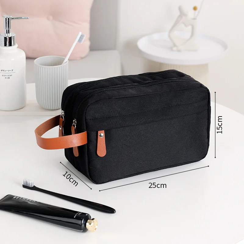 Guangzhou Fuliya Industry Co.,Ltd C-81222 Large-capacity toiletry bag, dual main compartments, leather handle, smooth zipper, and mesh pocket - carry or hang, for travel and daily use.