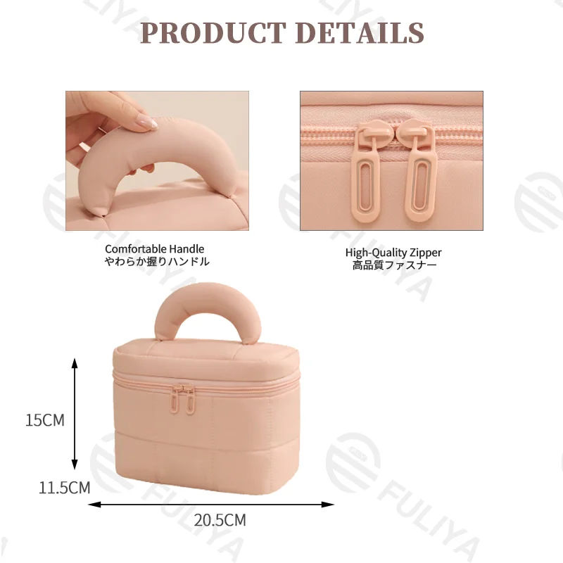 Guangzhou Fuliya Industry Co.,Ltd C-81224 Candy-color hand-carry makeup bag, large capacity with compartments, built-in mesh pocket and brush storage, wide opening, comfortable handle, and smooth zipper - for travel and daily use.