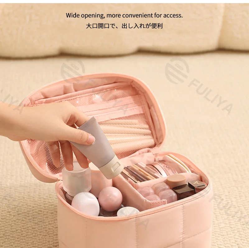 Guangzhou Fuliya Industry Co.,Ltd C-81224 Candy-color hand-carry makeup bag, large capacity with compartments, built-in mesh pocket and brush storage, wide opening, comfortable handle, and smooth zipper - for travel and daily use.