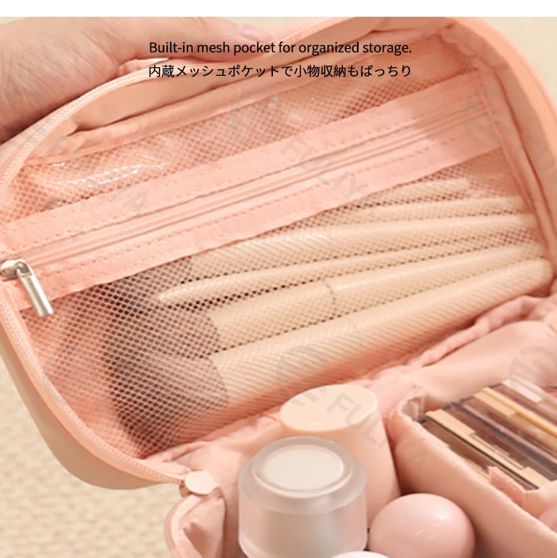 Guangzhou Fuliya Industry Co.,Ltd C-81224 Candy-color hand-carry makeup bag, large capacity with compartments, built-in mesh pocket and brush storage, wide opening, comfortable handle, and smooth zipper - for travel and daily use.