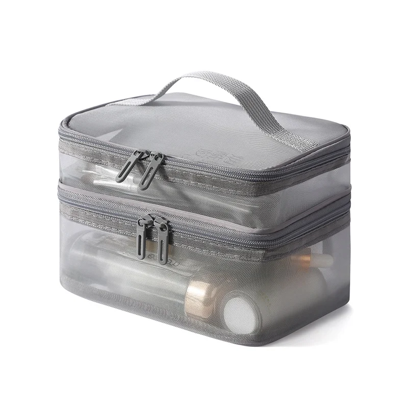 Guangzhou Fuliya Industry Co.,Ltd C-81228 Dual-layer nylon mesh makeup bag, transparent mesh design, large capacity with compartments, wide opening for easy access, handle, and smooth zipper - for travel and daily storage.
