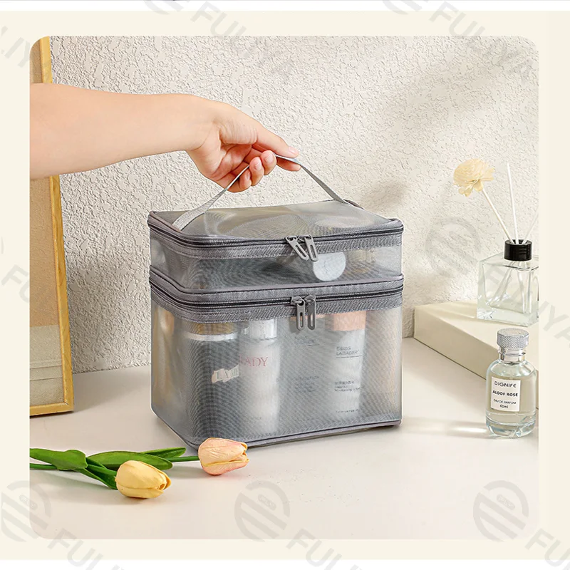 Guangzhou Fuliya Industry Co.,Ltd C-81228 Dual-layer nylon mesh makeup bag, transparent mesh design, large capacity with compartments, wide opening for easy access, handle, and smooth zipper - for travel and daily storage.