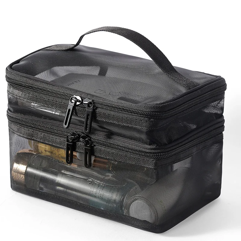 Guangzhou Fuliya Industry Co.,Ltd C-81228 Dual-layer nylon mesh makeup bag, transparent mesh design, large capacity with compartments, wide opening for easy access, handle, and smooth zipper - for travel and daily storage.
