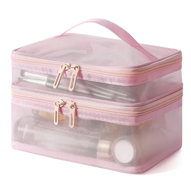 Guangzhou Fuliya Industry Co.,Ltd C-81228 Dual-layer nylon mesh makeup bag, transparent mesh design, large capacity with compartments, wide opening for easy access, handle, and smooth zipper - for travel and daily storage.