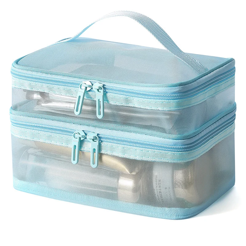 Guangzhou Fuliya Industry Co.,Ltd C-81228 Dual-layer nylon mesh makeup bag, transparent mesh design, large capacity with compartments, wide opening for easy access, handle, and smooth zipper - for travel and daily storage.