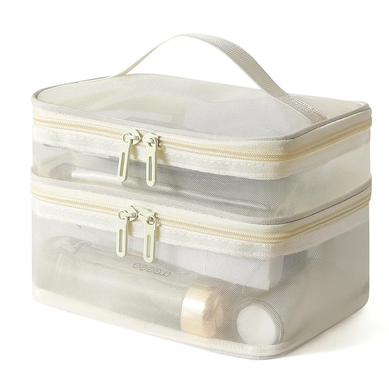 Guangzhou Fuliya Industry Co.,Ltd C-81228 Dual-layer nylon mesh makeup bag, transparent mesh design, large capacity with compartments, wide opening for easy access, handle, and smooth zipper - for travel and daily storage.