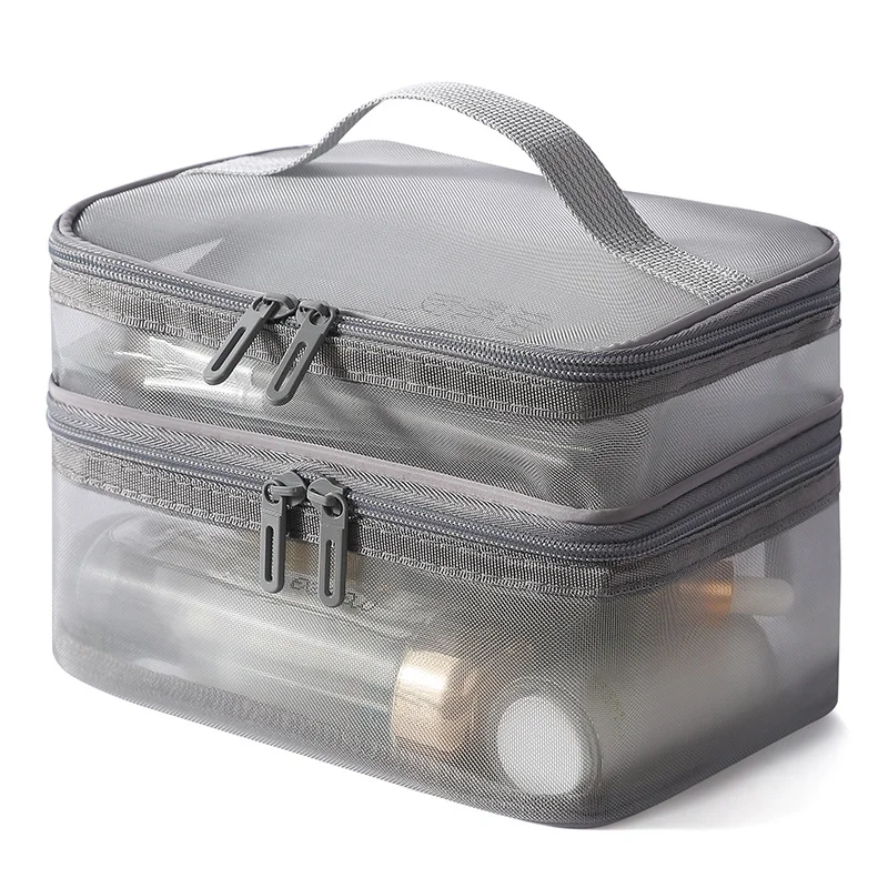 Guangzhou Fuliya Industry Co.,Ltd C-81228 Dual-layer nylon mesh makeup bag, transparent mesh design, large capacity with compartments, wide opening for easy access, handle, and smooth zipper - for travel and daily storage.