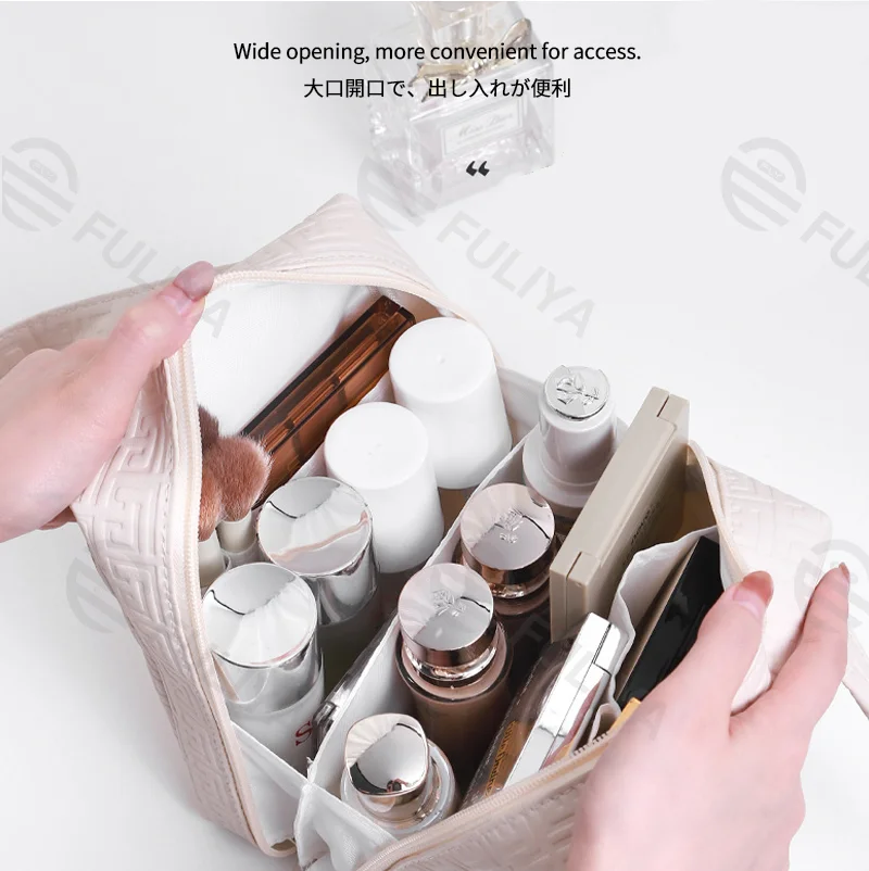 Guangzhou Fuliya Industry Co.,Ltd C-81229 Large-capacity hand-carry makeup bag, PU waterproof material, multi-compartment storage, wide opening for easy access, comfortable handle, smooth zipper, multiple colors - for travel and daily use.