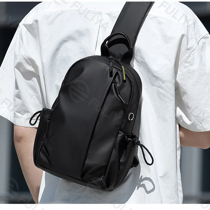 Guangzhou Fuliya Industry Co.,Ltd C-81231 Men's casual chest bag, water-resistant, multi-layer large capacity, anti-theft back pocket, side bottle pocket, and detachable strap - for commuting, outdoor, and travel.