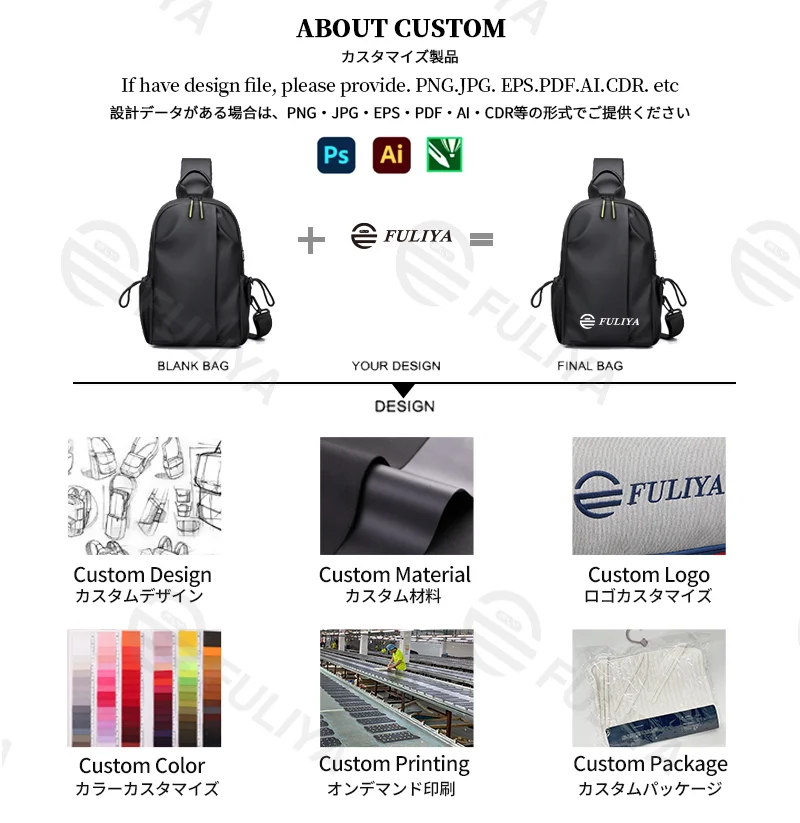 Guangzhou Fuliya Industry Co.,Ltd C-81231 Men's casual chest bag, water-resistant, multi-layer large capacity, anti-theft back pocket, side bottle pocket, and detachable strap - for commuting, outdoor, and travel.