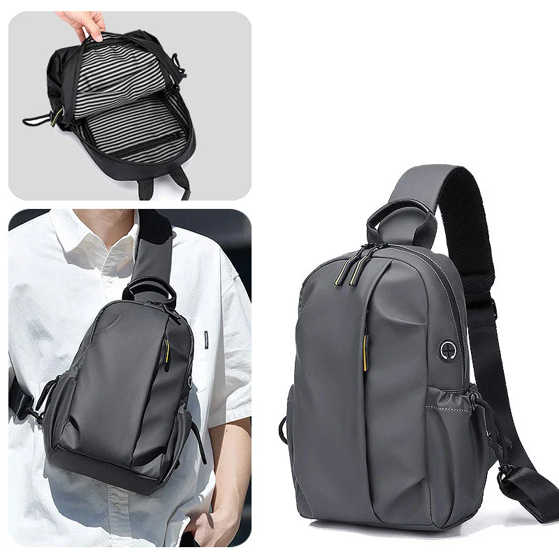 Guangzhou Fuliya Industry Co.,Ltd C-81231 Men's casual chest bag, water-resistant, multi-layer large capacity, anti-theft back pocket, side bottle pocket, and detachable strap - for commuting, outdoor, and travel.