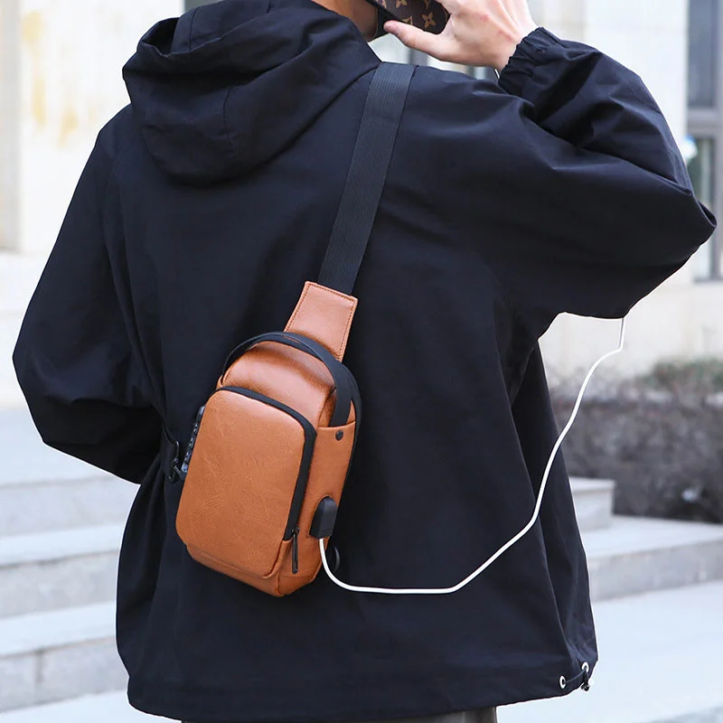 Guangzhou Fuliya Industry Co.,Ltd C-81232 Men's PU chest bag, water-resistant fabric, multi-layer large capacity, combination lock, USB charging port, anti-theft back pocket, and detachable strap - for commuting, business, and travel.