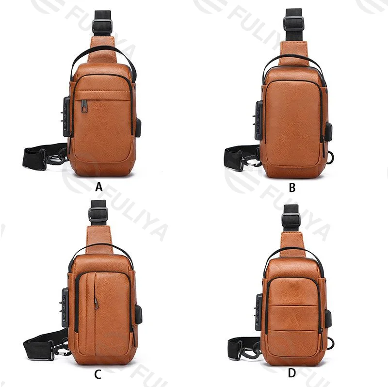 Guangzhou Fuliya Industry Co.,Ltd C-81232 Men's PU chest bag, water-resistant fabric, multi-layer large capacity, combination lock, USB charging port, anti-theft back pocket, and detachable strap - for commuting, business, and travel.