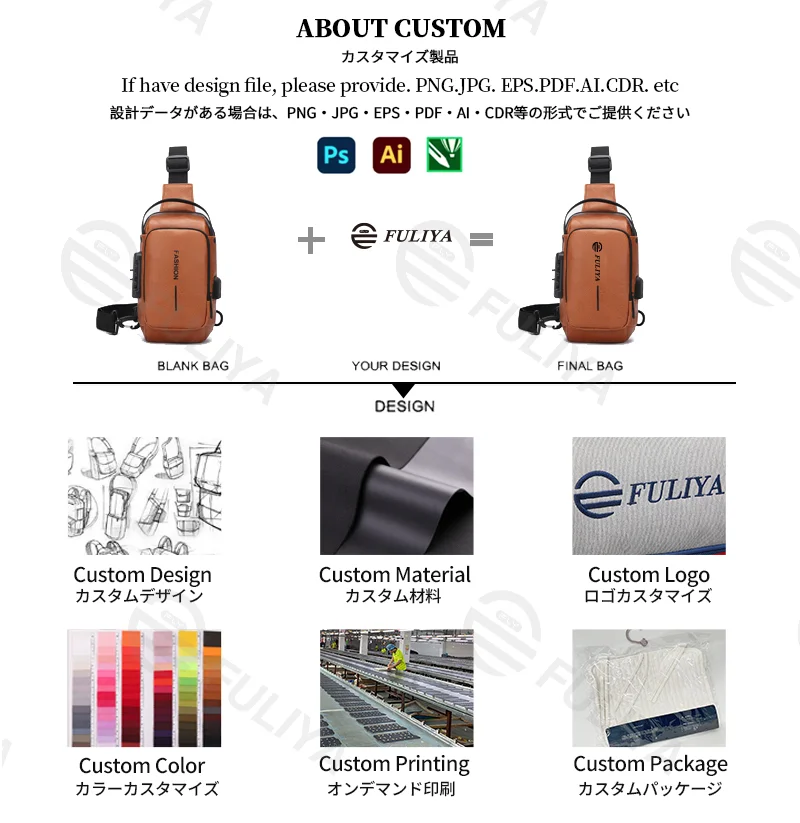 Guangzhou Fuliya Industry Co.,Ltd C-81232 Men's PU chest bag, water-resistant fabric, multi-layer large capacity, combination lock, USB charging port, anti-theft back pocket, and detachable strap - for commuting, business, and travel.
