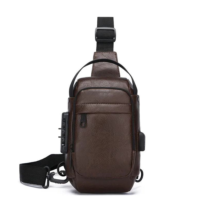 Guangzhou Fuliya Industry Co.,Ltd C-81232 Men's PU chest bag, water-resistant fabric, multi-layer large capacity, combination lock, USB charging port, anti-theft back pocket, and detachable strap - for commuting, business, and travel.