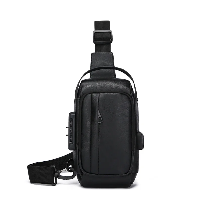 Guangzhou Fuliya Industry Co.,Ltd C-81232 Men's PU chest bag, water-resistant fabric, multi-layer large capacity, combination lock, USB charging port, anti-theft back pocket, and detachable strap - for commuting, business, and travel.