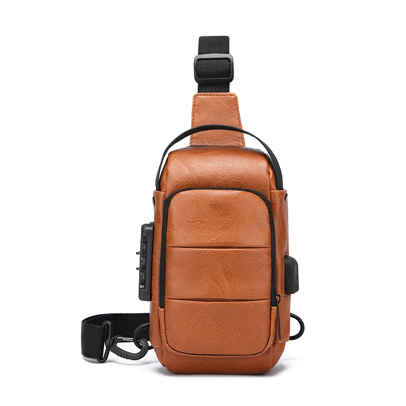 Guangzhou Fuliya Industry Co.,Ltd C-81232 Men's PU chest bag, water-resistant fabric, multi-layer large capacity, combination lock, USB charging port, anti-theft back pocket, and detachable strap - for commuting, business, and travel.