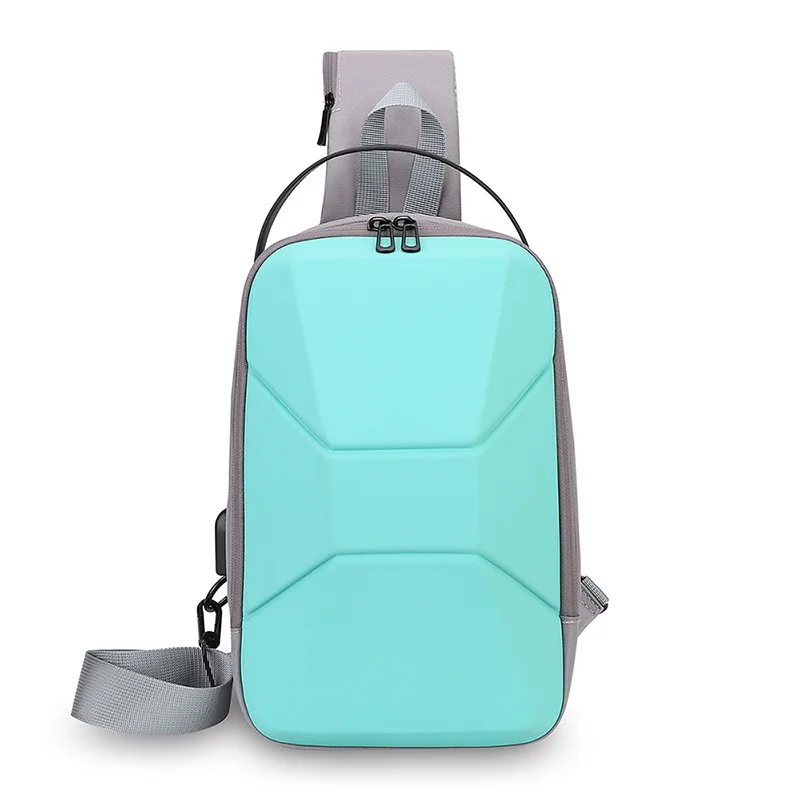 Guangzhou Fuliya Industry Co.,Ltd C-81233 Men's hard-shell chest bag, water-resistant, large capacity, USB charging port and anti-theft back pocket - shoulder, crossbody, or hand carry for commuting and travel.