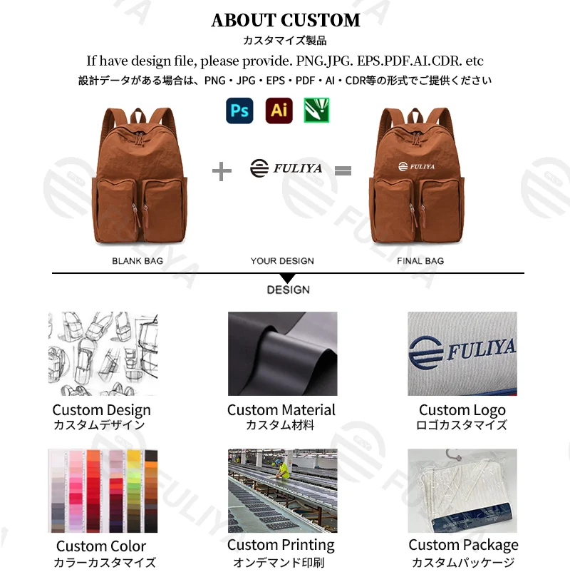 Guangzhou Fuliya Industry Co.,Ltd C-81237 Lightweight waterproof nylon backpack, large capacity with multi-layer storage, dual front zipper pockets, side pockets, inner zipper pocket, and adjustable straps - for commuting, travel, and school.