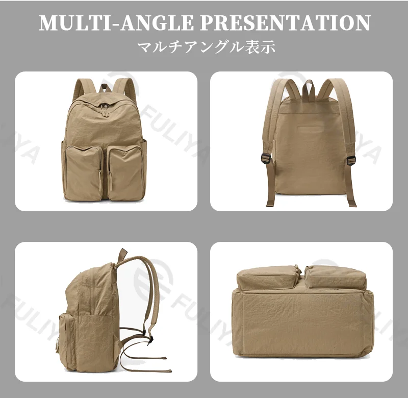 Guangzhou Fuliya Industry Co.,Ltd C-81237 Lightweight waterproof nylon backpack, large capacity with multi-layer storage, dual front zipper pockets, side pockets, inner zipper pocket, and adjustable straps - for commuting, travel, and school.