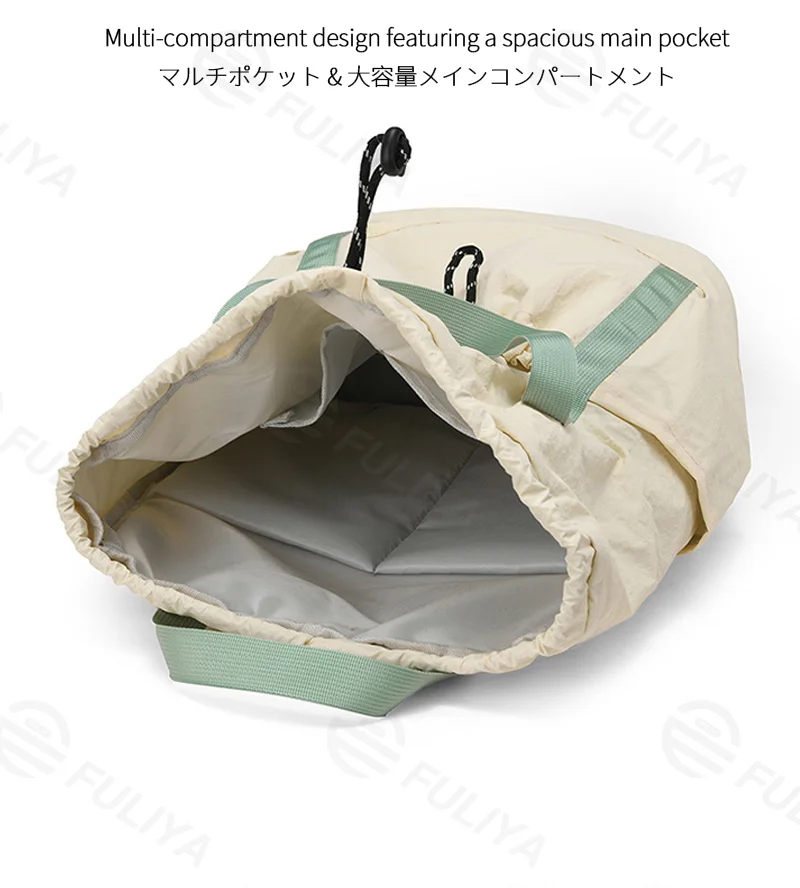 Guangzhou Fuliya Industry Co.,Ltd C-81238 Lightweight waterproof nylon drawstring backpack, large main compartment, magnetic front pocket, back zipper pocket, side pocket, adjustable straps, and comfortable handle - for cycling, gym, college, and sports.