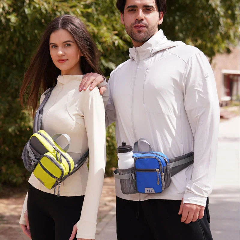 Guangzhou Fuliya Industry Co.,Ltd C-81245 Outdoor sports waist bag, water-repellent and large capacity, water bottle pocket, radio belt, reflective strips, and breathable back panel - for hiking, running, and fitness.