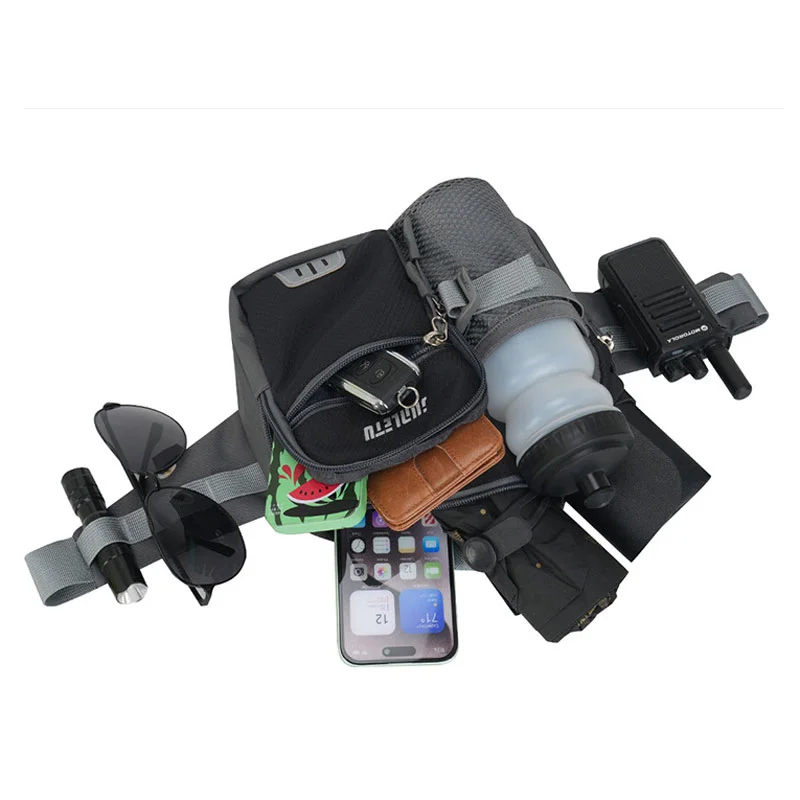 Guangzhou Fuliya Industry Co.,Ltd C-81245 Outdoor sports waist bag, water-repellent and large capacity, water bottle pocket, radio belt, reflective strips, and breathable back panel - for hiking, running, and fitness.