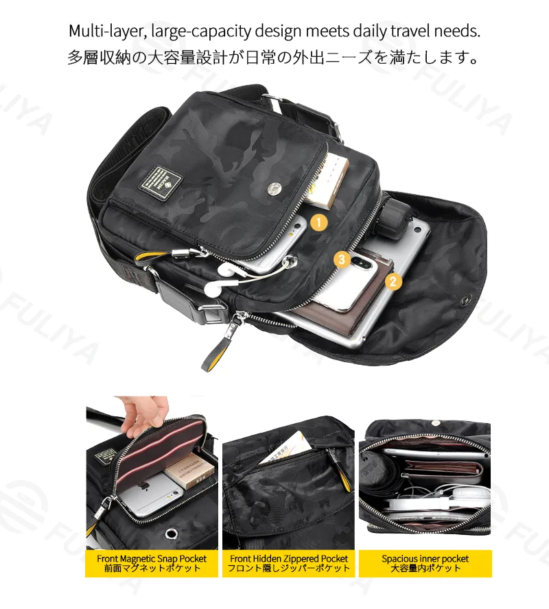 広州富麗雅実業有限会社 C-81248 迷彩ショルダーバッグ、撥水・耐磨耗、大容量多層収納、ヘッドホン穴、前面マグネットポケット、隠しジッパーポケット、調節バックル - 通勤・旅行・デイリーに。