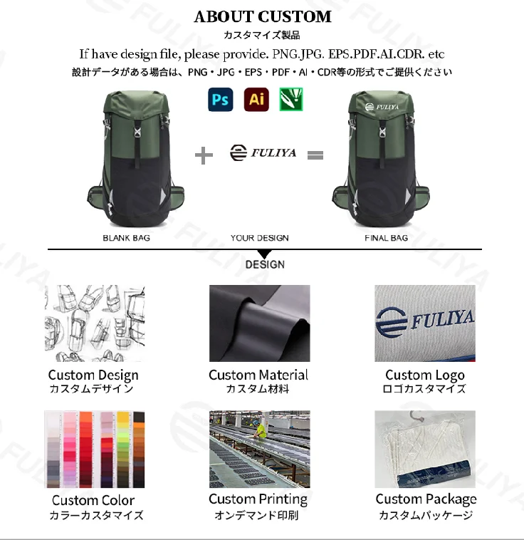 Guangzhou Fuliya Industry Co.,Ltd C-81285 50L outdoor hiking backpack, water-repellent, large capacity, laptop compartment, water bottle cord, and thickened sponge padding - for hiking, trekking, and camping.