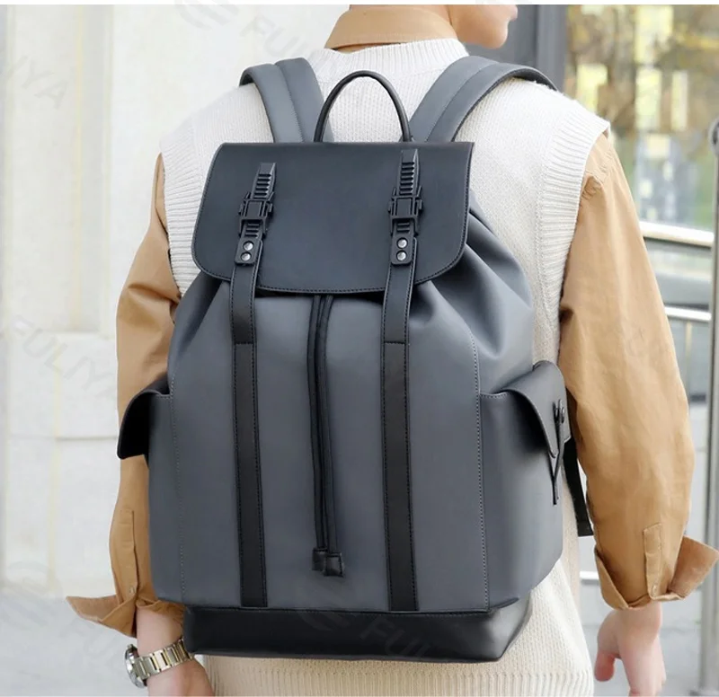 Guangzhou Fuliya Industry Co.,Ltd C-81250 Men's waterproof drawstring backpack, large capacity with multi-layer storage, laptop compartment, inner zipper pocket, side pockets, luggage sleeve, and comfortable handle - for commuting, travel, and school.